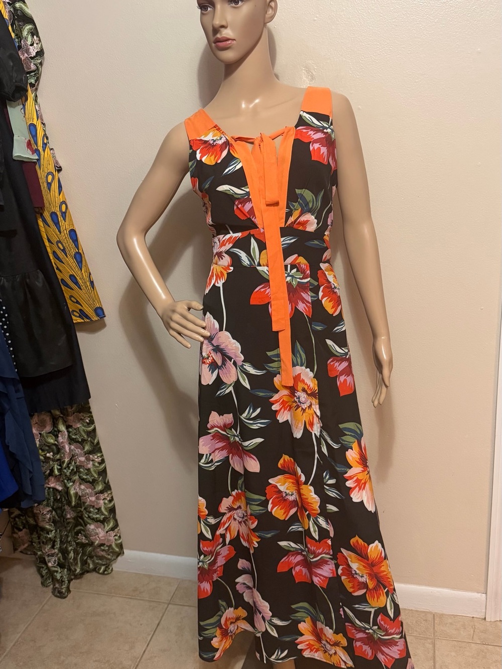 Lulumari Black Floral High-Low Dress with Bright Orange Trim